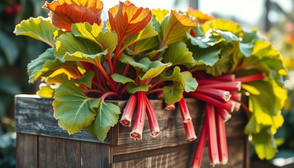 A bright, well-lit image showcasing a bountiful rhubarb plant thriving in a rustic wooden container. The rhubarb's large, vibrant red-green leaves cascade over the container's edges, creating a lush, abundant composition. In the foreground, the sturdy rhubarb stalks emerge from the soil, their unique texture and color highlighted by soft, warm lighting. The middle ground features the weathered, textured wooden planter, its natural tones and grain contrasting beautifully with the rhubarb foliage. The background is blurred, suggesting a serene, garden-like setting, allowing the rhubarb container to be the focal point. The overall mood is one of healthy, thriving growth and the natural beauty of rhubarb in a container gardening context. A bright, well-lit image showcasing a bountiful rhubarb plant thriving in a rustic wooden container. The rhubarb's large, vibrant red-green leaves cascade over the container's edges, creating a lush, abundant composition. In the foreground, the sturdy rhubarb stalks emerge from the soil, their unique texture and color highlighted by soft, warm lighting. The middle ground features the weathered, textured wooden planter, its natural tones and grain contrasting beautifully with the rhubarb foliage. The background is blurred, suggesting a serene, garden-like setting, allowing the rhubarb container to be the focal point. The overall mood is one of healthy, thriving growth and the natural beauty of rhubarb in a container gardening context.