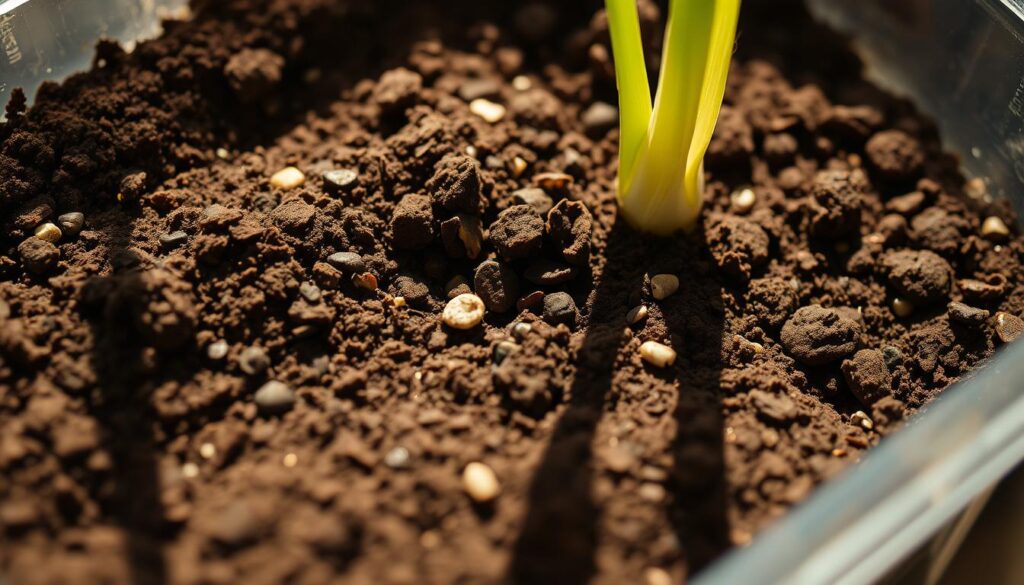 A close-up of a transparent container filled with a nutrient-rich soil mix designed for growing corn. The soil is a deep, dark brown color, with visible bits of organic matter and small pebbles throughout. The container has a sleek, modern design with clean lines and a minimalist aesthetic. Bright, natural lighting illuminates the scene, casting warm shadows and highlights on the soil's texture. The image captures the essential elements required for successfully cultivating corn in a confined, urban setting, conveying a sense of lush, vibrant growth waiting to unfold. A close-up of a transparent container filled with a nutrient-rich soil mix designed for growing corn. The soil is a deep, dark brown color, with visible bits of organic matter and small pebbles throughout. The container has a sleek, modern design with clean lines and a minimalist aesthetic. Bright, natural lighting illuminates the scene, casting warm shadows and highlights on the soil's texture. The image captures the essential elements required for successfully cultivating corn in a confined, urban setting, conveying a sense of lush, vibrant growth waiting to unfold.