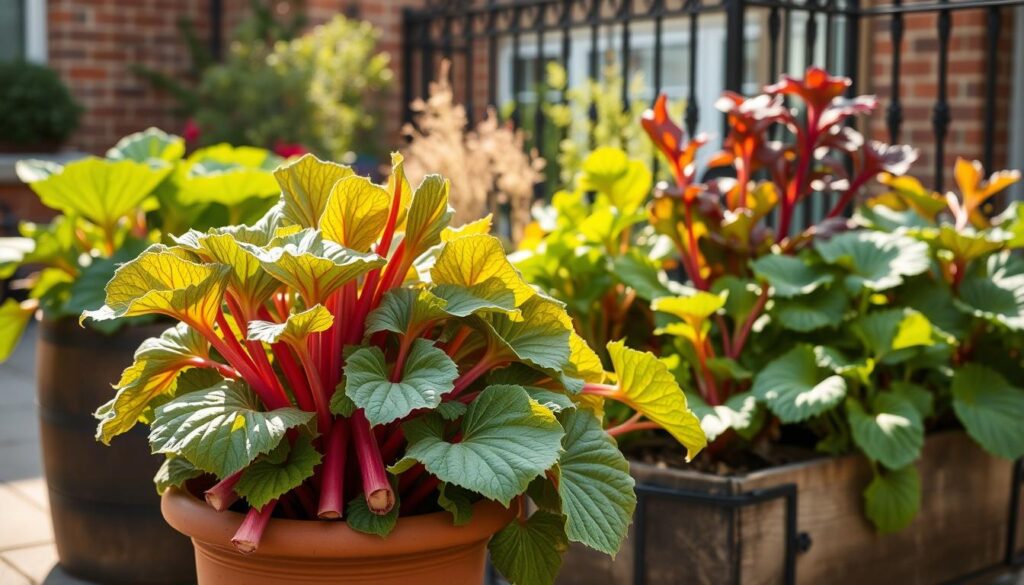 A container garden filled with lush, vibrant rhubarb plants. In the foreground, a terracotta pot overflows with large, crimson stalks and broad, textured leaves, casting soft shadows on the rustic wooden planters around it. The middle ground features a mix of rhubarb varieties, including the bright green 'Victoria' and the striking red-veined 'Crimson Cherry', arranged in a harmonious composition. In the background, a slightly blurred urban setting, with brick walls and wrought-iron fencing, creating a sense of seclusion and tranquility. Warm, natural lighting filters through the scene, accentuating the rich colors and textures of the rhubarb foliage. The overall mood is one of lush, bountiful growth and the joys of container gardening. A container garden filled with lush, vibrant rhubarb plants. In the foreground, a terracotta pot overflows with large, crimson stalks and broad, textured leaves, casting soft shadows on the rustic wooden planters around it. The middle ground features a mix of rhubarb varieties, including the bright green 'Victoria' and the striking red-veined 'Crimson Cherry', arranged in a harmonious composition. In the background, a slightly blurred urban setting, with brick walls and wrought-iron fencing, creating a sense of seclusion and tranquility. Warm, natural lighting filters through the scene, accentuating the rich colors and textures of the rhubarb foliage. The overall mood is one of lush, bountiful growth and the joys of container gardening.