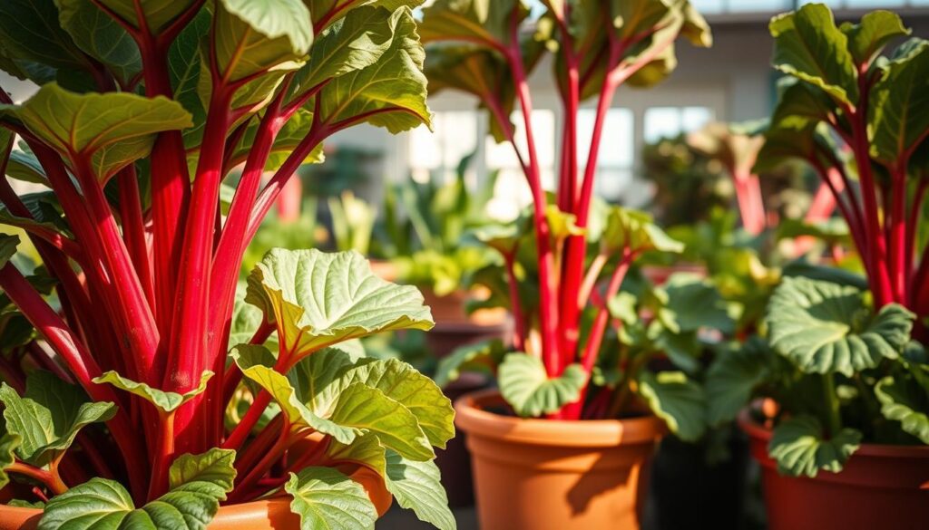 A container garden overflowing with lush, vibrant rhubarb plants. In the foreground, a terracotta pot showcases the plant's thick, crimson stalks and large, textured leaves casting soft shadows. The middle ground features several pots of varying sizes, each housing a thriving rhubarb specimen. The background depicts a well-lit, airy space with a subtle natural light filtering through, creating a warm, inviting atmosphere. The scene is captured with a shallow depth of field, emphasizing the detailed textures and vibrant colors of the rhubarb foliage. The overall composition evokes a sense of abundance, vitality, and the joy of growing this versatile and hardy perennial in a container garden setting. A container garden overflowing with lush, vibrant rhubarb plants. In the foreground, a terracotta pot showcases the plant's thick, crimson stalks and large, textured leaves casting soft shadows. The middle ground features several pots of varying sizes, each housing a thriving rhubarb specimen. The background depicts a well-lit, airy space with a subtle natural light filtering through, creating a warm, inviting atmosphere. The scene is captured with a shallow depth of field, emphasizing the detailed textures and vibrant colors of the rhubarb foliage. The overall composition evokes a sense of abundance, vitality, and the joy of growing this versatile and hardy perennial in a container garden setting.