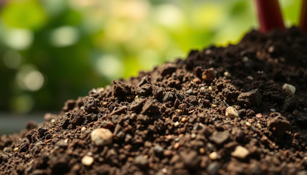 A detailed close-up of rich, dark brown potting soil for rhubarb, with visible chunks of organic matter and perlite mixed throughout. The soil has a light, airy texture and an earthy, slightly sweet aroma. The foreground is in sharp focus, while the background fades into a soft, blurred gradient of greens and browns, suggesting a verdant garden setting. Warm, diffuse lighting casts subtle shadows, highlighting the soil's natural variations. Photographed at a slight angle, creating a sense of depth and movement. The overall mood is one of lush, healthy growth and fertile cultivation. A detailed close-up of rich, dark brown potting soil for rhubarb, with visible chunks of organic matter and perlite mixed throughout. The soil has a light, airy texture and an earthy, slightly sweet aroma. The foreground is in sharp focus, while the background fades into a soft, blurred gradient of greens and browns, suggesting a verdant garden setting. Warm, diffuse lighting casts subtle shadows, highlighting the soil's natural variations. Photographed at a slight angle, creating a sense of depth and movement. The overall mood is one of lush, healthy growth and fertile cultivation.