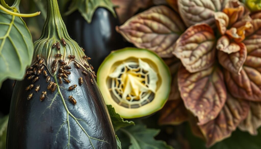 A high-resolution, photorealistic image of a well-lit, up-close view of various eggplant pests and diseases. In the foreground, a close-up of an eggplant leaf infested with aphids, their tiny bodies clustered along the veins. In the middle ground, a cross-section of an eggplant fruit, revealing the telltale tunnels of a borer pest. In the background, a cluster of discolored, wilting eggplant leaves, exhibiting the mottled patterns of a fungal disease. The lighting is crisp and natural, with a shallow depth of field to draw the viewer's eye to the key details. The overall composition is clean, balanced, and highly detailed, capturing the challenges of managing eggplant pests and diseases.