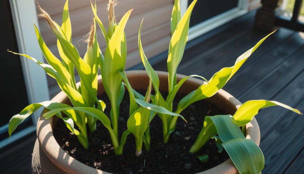 A large ceramic or plastic planter sits on a wooden porch or patio, filled with rich, dark soil. Lush, green corn plants emerge from the container, their tall stalks swaying gently in a soft breeze. The container is positioned to receive ample sunlight, casting warm, natural illumination across the scene. The overall composition conveys a sense of thriving, self-sufficient growth, with the container serving as a thoughtfully selected, well-suited home for the corn plants. A large ceramic or plastic planter sits on a wooden porch or patio, filled with rich, dark soil. Lush, green corn plants emerge from the container, their tall stalks swaying gently in a soft breeze. The container is positioned to receive ample sunlight, casting warm, natural illumination across the scene. The overall composition conveys a sense of thriving, self-sufficient growth, with the container serving as a thoughtfully selected, well-suited home for the corn plants.