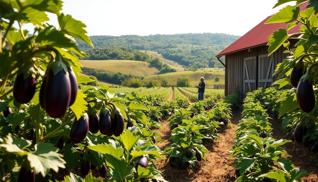 A lush organic eggplant farm nestled in a sun-dappled countryside. In the foreground, rows of vibrant purple eggplants sway gently in a soft breeze, their leaves rustling. Nearby, a farmer tends to the plants, carefully pruning and inspecting each one. The middle ground reveals a traditional wooden barn, its weathered siding and red roof framing the scene. In the background, rolling hills covered in verdant foliage stretch out, creating a serene and picturesque backdrop. The lighting is warm and natural, casting a golden glow over the entire landscape. The composition is balanced and inviting, capturing the tranquility and abundance of this organic eggplant farming oasis. A lush organic eggplant farm nestled in a sun-dappled countryside. In the foreground, rows of vibrant purple eggplants sway gently in a soft breeze, their leaves rustling. Nearby, a farmer tends to the plants, carefully pruning and inspecting each one. The middle ground reveals a traditional wooden barn, its weathered siding and red roof framing the scene. In the background, rolling hills covered in verdant foliage stretch out, creating a serene and picturesque backdrop. The lighting is warm and natural, casting a golden glow over the entire landscape. The composition is balanced and inviting, capturing the tranquility and abundance of this organic eggplant farming oasis.