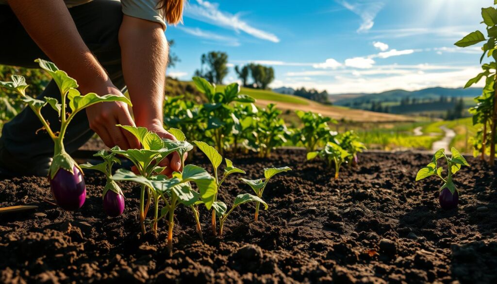 A lush, sun-dappled garden scene. In the foreground, a gardener carefully transplants young eggplant seedlings, their delicate purple-hued leaves and stems contrasting with the rich, dark soil. Soft rays of warm light bathe the scene, creating gentle shadows and highlights that accentuate the textures of the soil and plants. The middle ground features other eggplant plants in various stages of growth, their broad leaves and developing fruits suggesting a bountiful harvest to come. In the background, a picturesque landscape unfolds, with rolling hills, a winding path, and a clear blue sky dotted with wispy clouds. The overall atmosphere is one of tranquility and the nurturing care of the earth. A lush, sun-dappled garden scene. In the foreground, a gardener carefully transplants young eggplant seedlings, their delicate purple-hued leaves and stems contrasting with the rich, dark soil. Soft rays of warm light bathe the scene, creating gentle shadows and highlights that accentuate the textures of the soil and plants. The middle ground features other eggplant plants in various stages of growth, their broad leaves and developing fruits suggesting a bountiful harvest to come. In the background, a picturesque landscape unfolds, with rolling hills, a winding path, and a clear blue sky dotted with wispy clouds. The overall atmosphere is one of tranquility and the nurturing care of the earth.