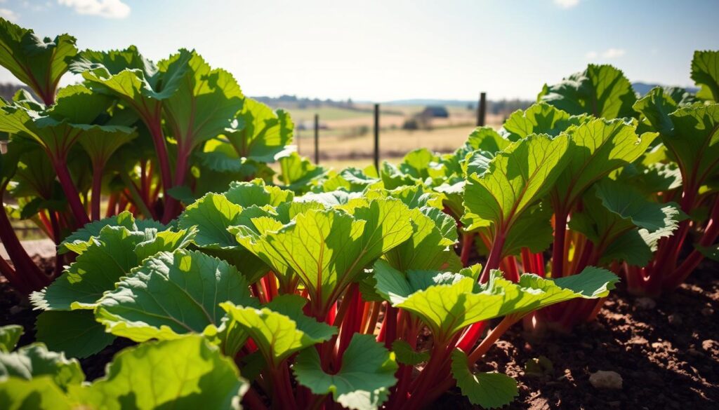 A lush, sun-dappled rhubarb patch thriving in a well-tended kitchen garden. Broad, vibrant green leaves unfurl amidst the rich, earthy soil, their crimson stalks standing tall and sturdy. A gentle breeze rustles the foliage, casting dancing shadows across the scene. Crisp natural light filters through, highlighting the plant's distinctive texture and the verdant hues of its foliage. In the background, a picturesque rural landscape provides a serene backdrop, with rolling hills and a hint of a distant farmhouse. The overall atmosphere conveys the restorative, nourishing essence of rhubarb, a beloved garden staple. A lush, sun-dappled rhubarb patch thriving in a well-tended kitchen garden. Broad, vibrant green leaves unfurl amidst the rich, earthy soil, their crimson stalks standing tall and sturdy. A gentle breeze rustles the foliage, casting dancing shadows across the scene. Crisp natural light filters through, highlighting the plant's distinctive texture and the verdant hues of its foliage. In the background, a picturesque rural landscape provides a serene backdrop, with rolling hills and a hint of a distant farmhouse. The overall atmosphere conveys the restorative, nourishing essence of rhubarb, a beloved garden staple.
