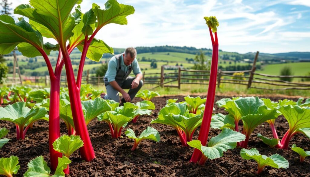 A lush, verdant garden scene with neatly arranged rhubarb plants in the foreground. The thick, crimson stalks emerge from the rich, dark soil, their large, textured leaves casting gentle shadows. In the middle ground, a gardener kneels, demonstrating proper planting techniques - carefully spacing the crowns, covering with soil, and tamping down the earth. The background features a picturesque countryside landscape, with rolling hills, a rustic wooden fence, and a clear blue sky with wispy clouds. The lighting is soft and diffused, creating a warm, inviting atmosphere, perfect for illustrating the "When and Where to Plant Rhubarb" section of the article. A lush, verdant garden scene with neatly arranged rhubarb plants in the foreground. The thick, crimson stalks emerge from the rich, dark soil, their large, textured leaves casting gentle shadows. In the middle ground, a gardener kneels, demonstrating proper planting techniques - carefully spacing the crowns, covering with soil, and tamping down the earth. The background features a picturesque countryside landscape, with rolling hills, a rustic wooden fence, and a clear blue sky with wispy clouds. The lighting is soft and diffused, creating a warm, inviting atmosphere, perfect for illustrating the "When and Where to Plant Rhubarb" section of the article.