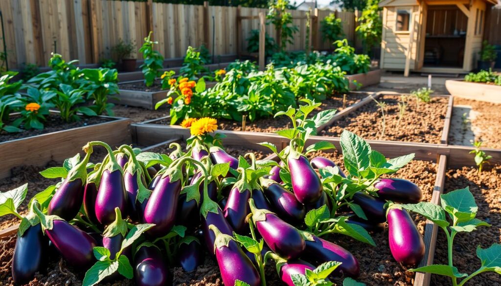 A lush, well-organized eggplant garden arranged in raised beds, with vibrant purple eggplants in the foreground, surrounded by rich, loamy soil. In the middle ground, a variety of companion plants like marigolds and basil add pops of color and provide natural pest control. The background features a neatly fenced perimeter, with a wooden shed or greenhouse providing shelter and storage. Warm, directional sunlight casts soft shadows, creating a serene, productive atmosphere. The overall layout showcases an efficient, visually appealing design that maximizes space and enhances the growth of the eggplants. A lush, well-organized eggplant garden arranged in raised beds, with vibrant purple eggplants in the foreground, surrounded by rich, loamy soil. In the middle ground, a variety of companion plants like marigolds and basil add pops of color and provide natural pest control. The background features a neatly fenced perimeter, with a wooden shed or greenhouse providing shelter and storage. Warm, directional sunlight casts soft shadows, creating a serene, productive atmosphere. The overall layout showcases an efficient, visually appealing design that maximizes space and enhances the growth of the eggplants.