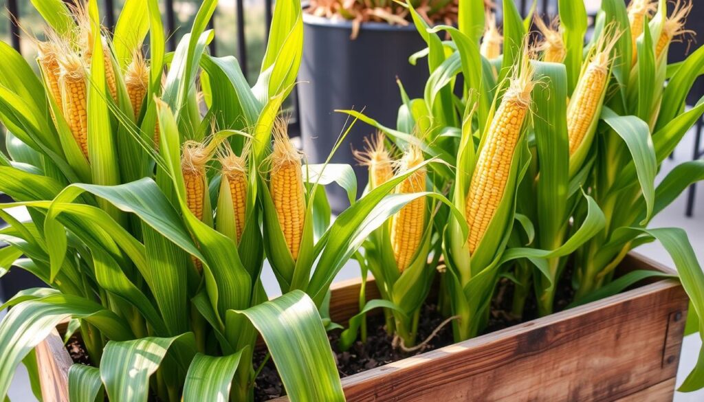 A neatly arranged container garden, bursting with thriving corn stalks. The foreground showcases lush, verdant leaves and golden tassels, captured in warm, natural lighting. In the middle ground, a sturdy wooden planter box provides ample support, its weathered surface complementing the organic feel. The background features a serene outdoor setting, perhaps a patio or balcony, hinting at the versatility of this compact corn cultivation. The overall scene exudes a sense of productivity and pride in homegrown sustenance, inviting the viewer to imagine the satisfying harvest to come. A neatly arranged container garden, bursting with thriving corn stalks. The foreground showcases lush, verdant leaves and golden tassels, captured in warm, natural lighting. In the middle ground, a sturdy wooden planter box provides ample support, its weathered surface complementing the organic feel. The background features a serene outdoor setting, perhaps a patio or balcony, hinting at the versatility of this compact corn cultivation. The overall scene exudes a sense of productivity and pride in homegrown sustenance, inviting the viewer to imagine the satisfying harvest to come.