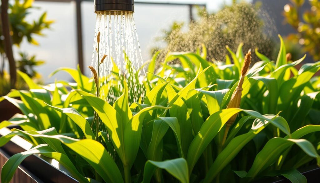A verdant container filled with lush, vibrant corn plants, their leaves gently swaying as a gentle stream of water cascades from an overhead sprinkling system, creating a soothing, rhythmic sound. The sun casts a warm, golden glow, illuminating the scene with a sense of tranquility. The container's sleek, modern design blends seamlessly with the natural elements, creating a harmonious and nurturing environment for the thriving corn crop. The camera angle is slightly elevated, providing a bird's-eye view that captures the entire setup, showcasing the effective watering strategy for container-grown corn. A verdant container filled with lush, vibrant corn plants, their leaves gently swaying as a gentle stream of water cascades from an overhead sprinkling system, creating a soothing, rhythmic sound. The sun casts a warm, golden glow, illuminating the scene with a sense of tranquility. The container's sleek, modern design blends seamlessly with the natural elements, creating a harmonious and nurturing environment for the thriving corn crop. The camera angle is slightly elevated, providing a bird's-eye view that captures the entire setup, showcasing the effective watering strategy for container-grown corn.