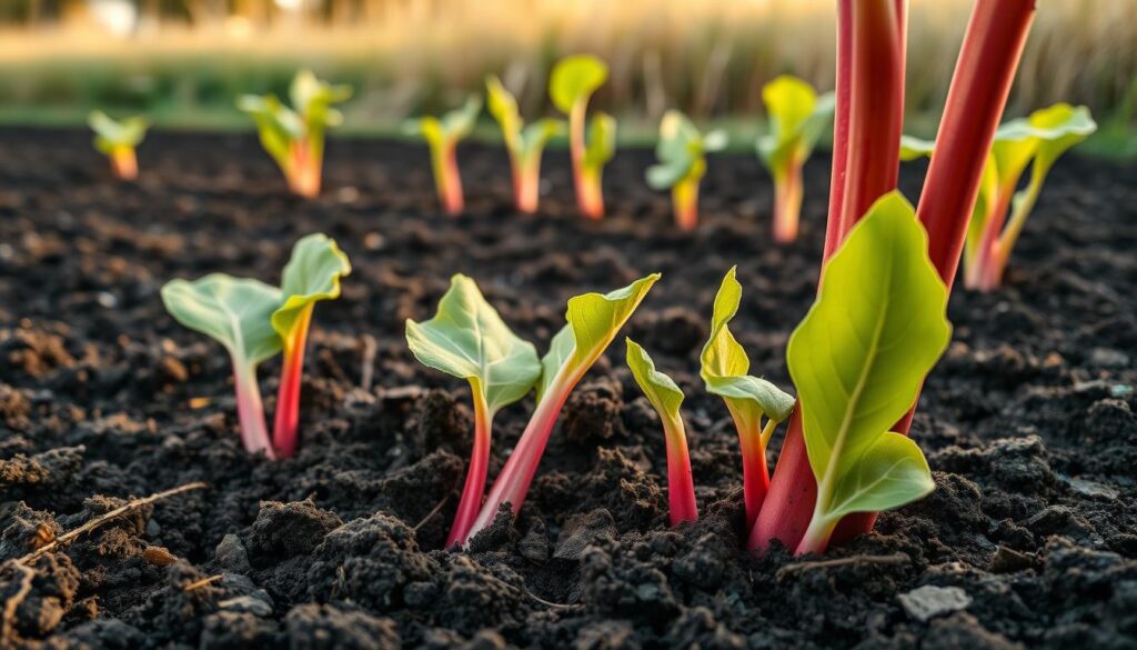 A vibrant close-up view of rhubarb stalks and leaves emerging from the soil, showcasing the proper planting techniques. The foreground features freshly tilled dark earth, with a few rhubarb crowns gently pressed into the ground, their bright red-pink stems and large green leaves unfurling. The middle ground shows additional rhubarb plants at various stages of growth, highlighting the ideal spacing and depth for planting. The background provides a soft, blurred natural setting, with a warm, golden afternoon light gently illuminating the scene. The overall composition emphasizes the rich texture of the soil, the striking colors of the rhubarb, and the simple, yet essential steps for successfully planting this perennial vegetable. A vibrant close-up view of rhubarb stalks and leaves emerging from the soil, showcasing the proper planting techniques. The foreground features freshly tilled dark earth, with a few rhubarb crowns gently pressed into the ground, their bright red-pink stems and large green leaves unfurling. The middle ground shows additional rhubarb plants at various stages of growth, highlighting the ideal spacing and depth for planting. The background provides a soft, blurred natural setting, with a warm, golden afternoon light gently illuminating the scene. The overall composition emphasizes the rich texture of the soil, the striking colors of the rhubarb, and the simple, yet essential steps for successfully planting this perennial vegetable.