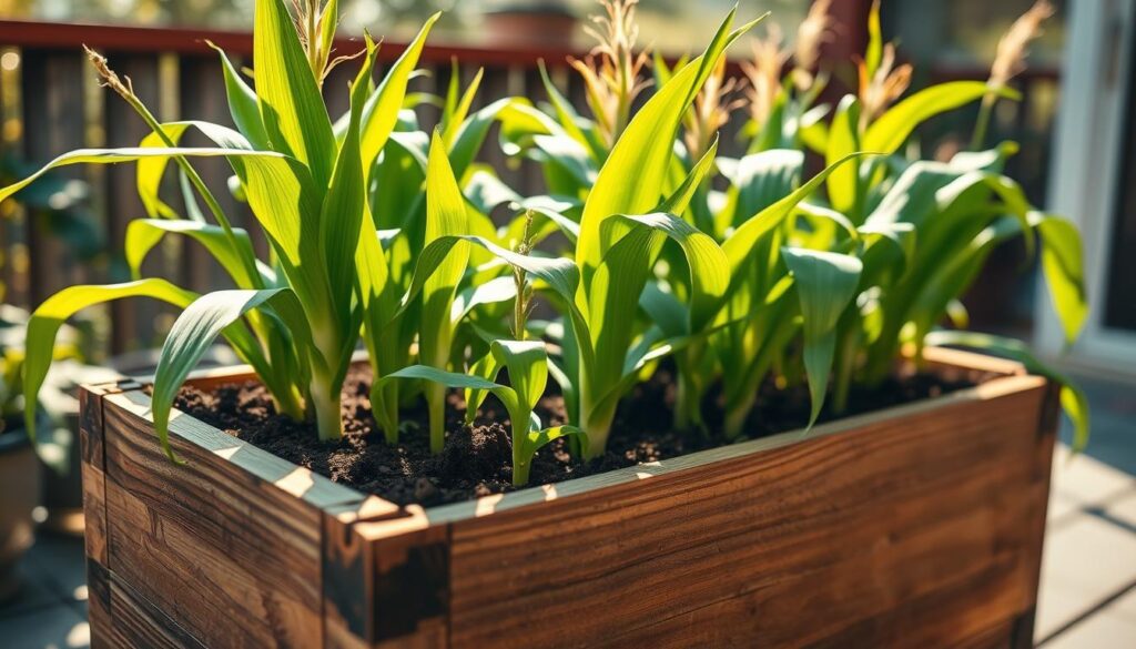 A well-lit, close-up shot of a container garden brimming with lush, vibrant corn plants. The foreground features a sturdy, rectangular wooden planter filled with rich, dark soil and several stalks of corn in various stages of growth, their green leaves rustling gently. The middle ground showcases the textured, earthy tones of the planter, contrasting with the verdant foliage. In the background, a soft, out-of-focus natural setting, perhaps a sunny patio or balcony, creates a serene, nurturing atmosphere. The lighting is warm and natural, casting gentle shadows that accentuate the three-dimensional structure of the plants. The overall composition emphasizes the thriving, self-contained nature of the container-grown corn, inspiring the viewer to consider the possibilities of small-space gardening. A well-lit, close-up shot of a container garden brimming with lush, vibrant corn plants. The foreground features a sturdy, rectangular wooden planter filled with rich, dark soil and several stalks of corn in various stages of growth, their green leaves rustling gently. The middle ground showcases the textured, earthy tones of the planter, contrasting with the verdant foliage. In the background, a soft, out-of-focus natural setting, perhaps a sunny patio or balcony, creates a serene, nurturing atmosphere. The lighting is warm and natural, casting gentle shadows that accentuate the three-dimensional structure of the plants. The overall composition emphasizes the thriving, self-contained nature of the container-grown corn, inspiring the viewer to consider the possibilities of small-space gardening.
