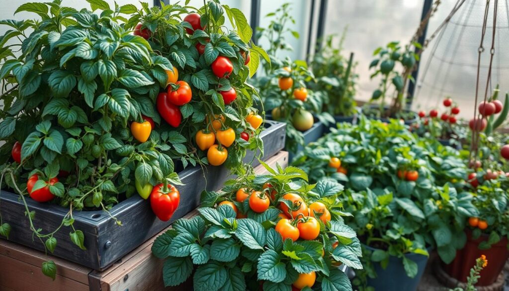 A well-lit, high-angle shot of a thriving container vegetable garden. In the foreground, a raised planter box overflows with a lush mix of leafy greens, trailing vines, and vibrant bell peppers. The middle ground features a variety of compact, high-yield vegetable plants like cherry tomatoes, dwarf zucchini, and bush beans, all carefully arranged to optimize space. The background showcases a natural, uncluttered setting with soft, diffused lighting, hinting at a serene, peaceful atmosphere conducive to productive companion planting. The entire scene conveys a sense of bountiful harvest and efficient, space-saving urban gardening. A well-lit, high-angle shot of a thriving container vegetable garden. In the foreground, a raised planter box overflows with a lush mix of leafy greens, trailing vines, and vibrant bell peppers. The middle ground features a variety of compact, high-yield vegetable plants like cherry tomatoes, dwarf zucchini, and bush beans, all carefully arranged to optimize space. The background showcases a natural, uncluttered setting with soft, diffused lighting, hinting at a serene, peaceful atmosphere conducive to productive companion planting. The entire scene conveys a sense of bountiful harvest and efficient, space-saving urban gardening.