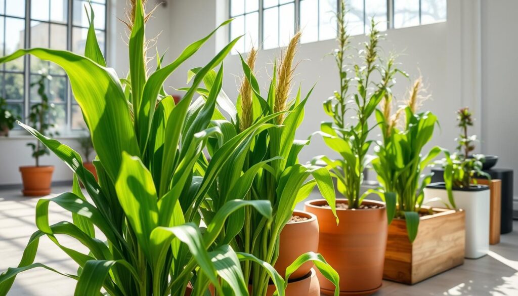 Lush and verdant corn plants thriving in various sized containers, positioned in a well-lit indoor setting with natural sunlight streaming through large windows. The foreground showcases the corn's vibrant green leaves and stalks, their growth reaching towards the light. In the middle ground, different container types are visible - terracotta pots, wooden planters, and sleek modern containers - each housing a flourishing corn plant. The background features a minimalist, airy space with clean lines and neutral tones, allowing the vibrant greenery to take center stage. Subtle shadows and highlights accentuate the three-dimensional form of the corn, capturing its organic beauty. The overall scene conveys a sense of urban gardening, showcasing the versatility of cultivating corn in compact, controlled environments. Lush and verdant corn plants thriving in various sized containers, positioned in a well-lit indoor setting with natural sunlight streaming through large windows. The foreground showcases the corn's vibrant green leaves and stalks, their growth reaching towards the light. In the middle ground, different container types are visible - terracotta pots, wooden planters, and sleek modern containers - each housing a flourishing corn plant. The background features a minimalist, airy space with clean lines and neutral tones, allowing the vibrant greenery to take center stage. Subtle shadows and highlights accentuate the three-dimensional form of the corn, capturing its organic beauty. The overall scene conveys a sense of urban gardening, showcasing the versatility of cultivating corn in compact, controlled environments.