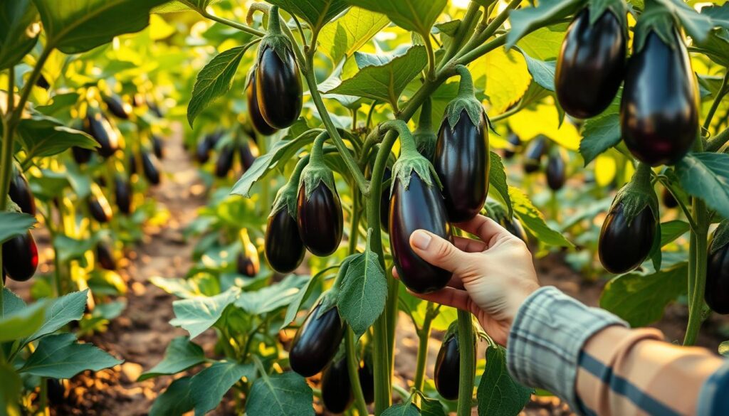 Lush eggplant plants thriving in a well-tended vegetable garden, their large, glossy purple fruits bursting from the foliage. In the foreground, a gardener's hands carefully tending to the plants, pruning and staking them for optimal growth. The middle ground reveals rows of eggplants in various stages of maturity, some with flowers and others with ripe fruits. The background features a warm, golden afternoon light filtering through the leaves, creating a serene and bountiful atmosphere. The scene conveys the dedication and techniques required for a healthy eggplant harvest, from soil preparation to pest management and harvesting.