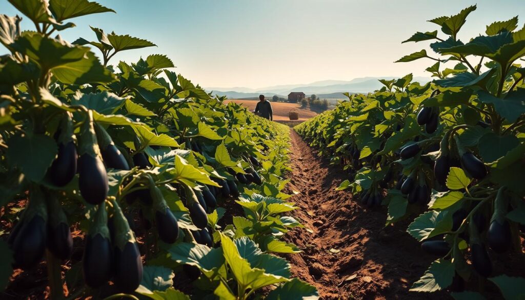 Lush organic eggplant farm in warm sunlight, wide angle shot. In the foreground, dark purple eggplants growing in tidy rows, leaves rustling gently. Middle ground features a farmer carefully inspecting the plants, basket in hand. Distant background shows a small farmhouse and rolling hills, hazy blue sky above. Rich, earthy tones throughout, with dappled shadows casting a peaceful ambiance. Cinematic, almost dreamlike quality to the scene, highlighting the beauty and tranquility of sustainable eggplant cultivation.
