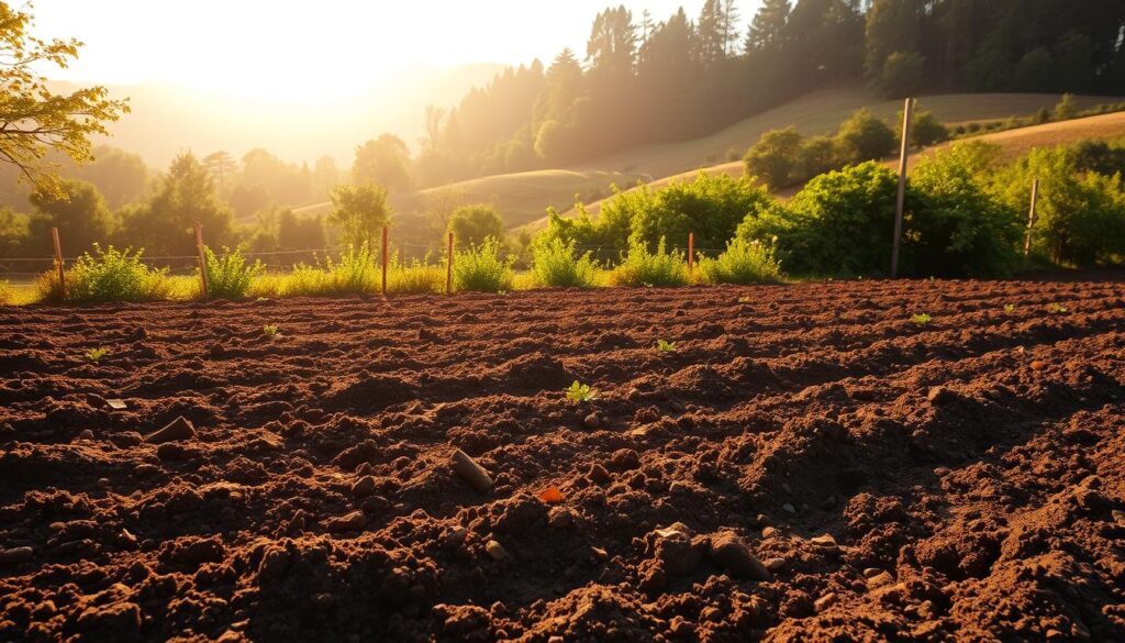 Rhubarb soil preparation: A lush, earthy landscape with a neatly tilled plot in the foreground, its rich, dark soil ready for planting. Surrounding the plot, verdant foliage and gently rolling hills create a tranquil, pastoral scene. Warm, diffused sunlight filters through the atmosphere, casting a soft, golden glow over the entire composition. The image conveys a sense of anticipation and possibility, as the well-prepared soil awaits the transformative process of rhubarb cultivation. Rhubarb soil preparation: A lush, earthy landscape with a neatly tilled plot in the foreground, its rich, dark soil ready for planting. Surrounding the plot, verdant foliage and gently rolling hills create a tranquil, pastoral scene. Warm, diffused sunlight filters through the atmosphere, casting a soft, golden glow over the entire composition. The image conveys a sense of anticipation and possibility, as the well-prepared soil awaits the transformative process of rhubarb cultivation.