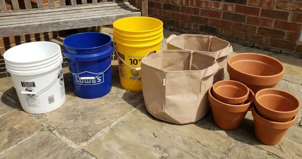 different types of empty gardening containers including plastic buckets fabric grow bags and clay pots on a patio