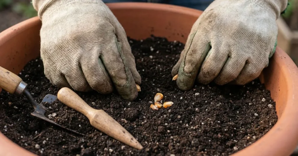 gardener planting corn seeds in a large container with loose soil in an outdoor setting