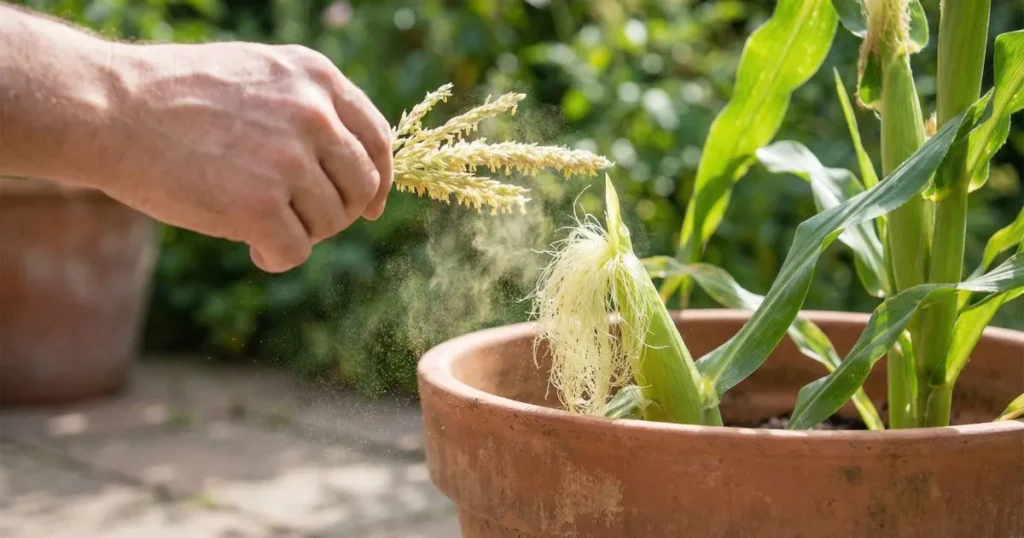 close-up of corn tassels and silks being hand-pollinated on a container-grown corn plant