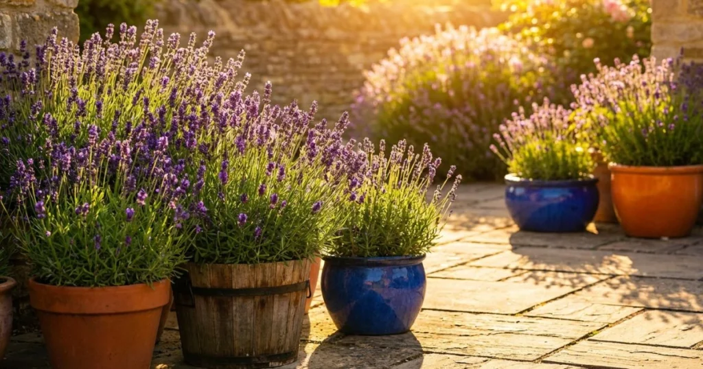Lavender plants blooming in full sun, growing in terracotta and colorful pots along a stone patio in a bright garden.