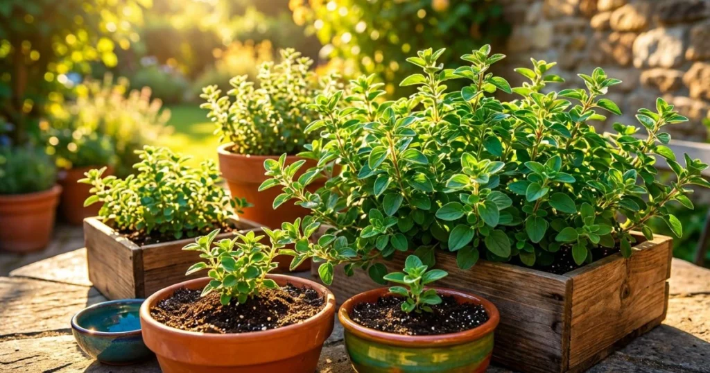 Oregano herbs growing in full sun, planted in terracotta pots and wooden planters on a garden table with warm sunlight.