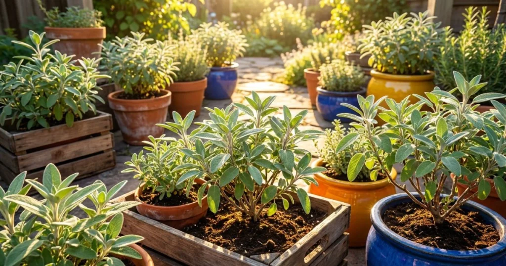 Sage herbs growing in full sun, planted in terracotta pots, wooden crates, and colorful containers across a bright garden patio.
