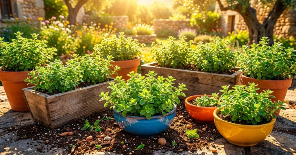 Marjoram herbs growing in full sun, planted in terracotta pots and wooden planters across a bright garden patio.