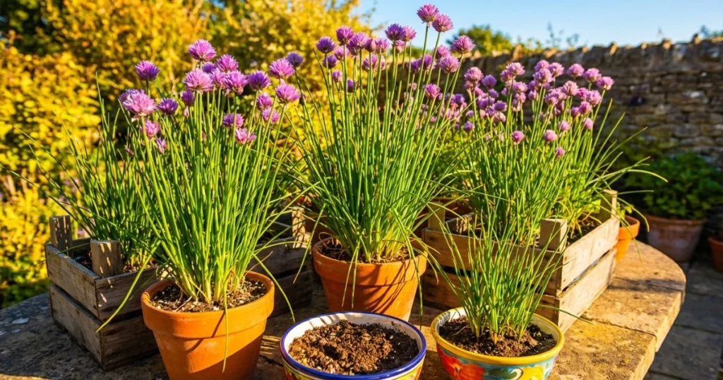 Chives growing in full sun, with purple blossoms in terracotta pots and wooden planters on a bright garden patio.