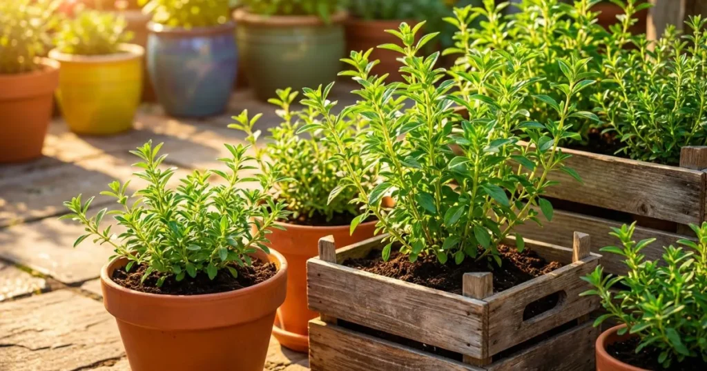 Summer savory herbs growing in full sun, planted in terracotta pots and rustic wooden planters on a garden patio.