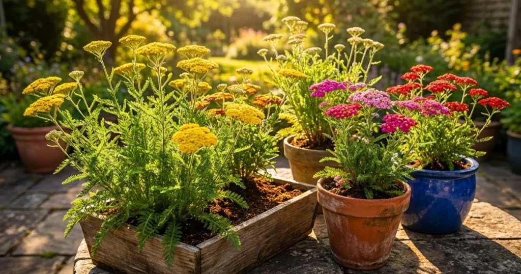 Yarrow flowers in full sun, growing in wooden planters and colorful pots with yellow, pink, and red blooms in a bright garden.