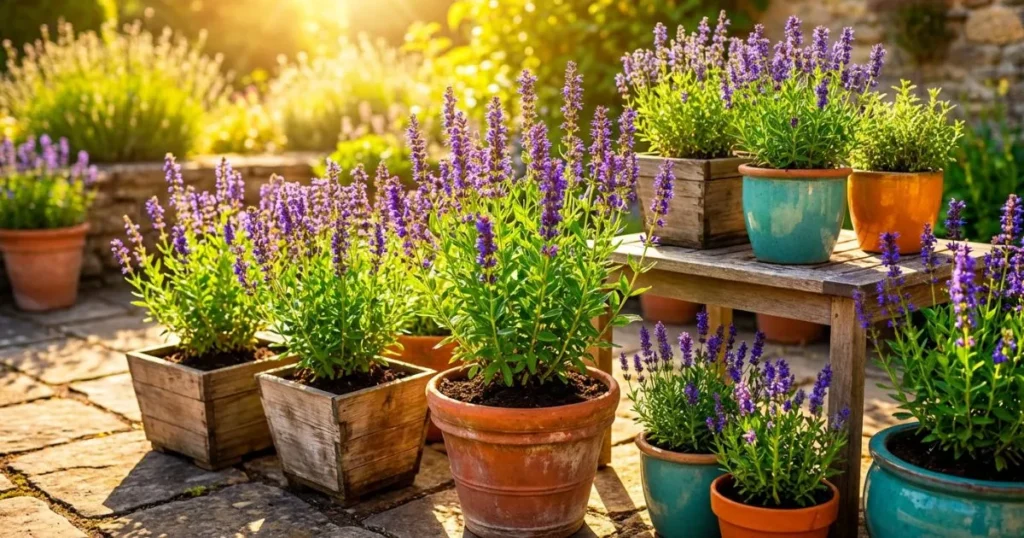 Hyssop plants growing in full sun, planted in terracotta pots and wooden planters on a bright garden patio.