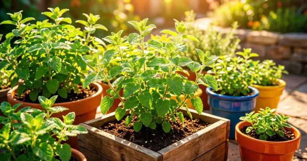 Lemon balm plants growing in full sun, planted in terracotta pots and wooden planters on a bright garden patio.