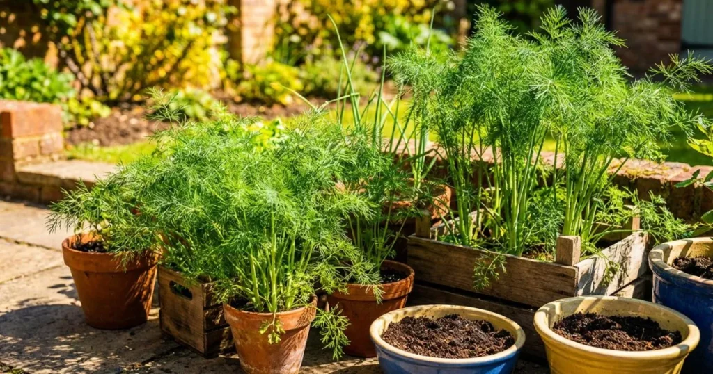 Dill plants growing in full sun, planted in terracotta pots and rustic wooden planters on a bright garden patio.