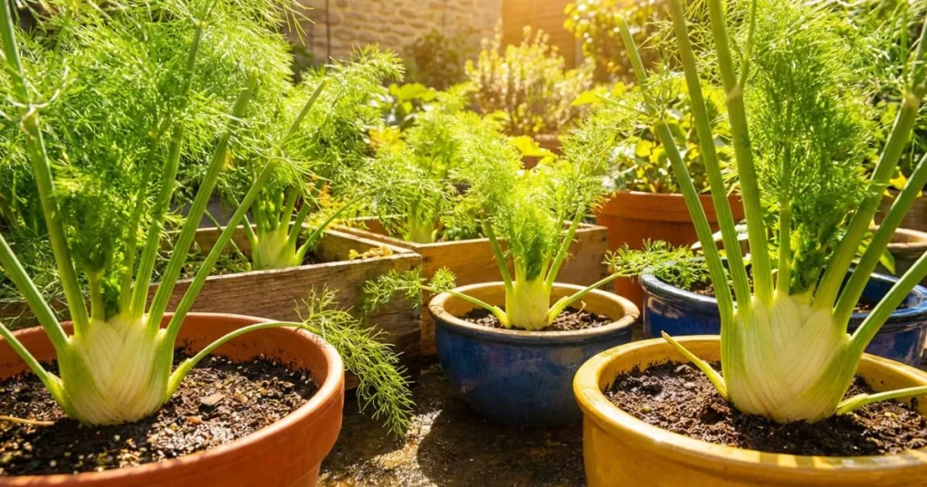 Fennel plants growing in full sun, planted in terracotta pots and colorful containers in a bright outdoor garden.