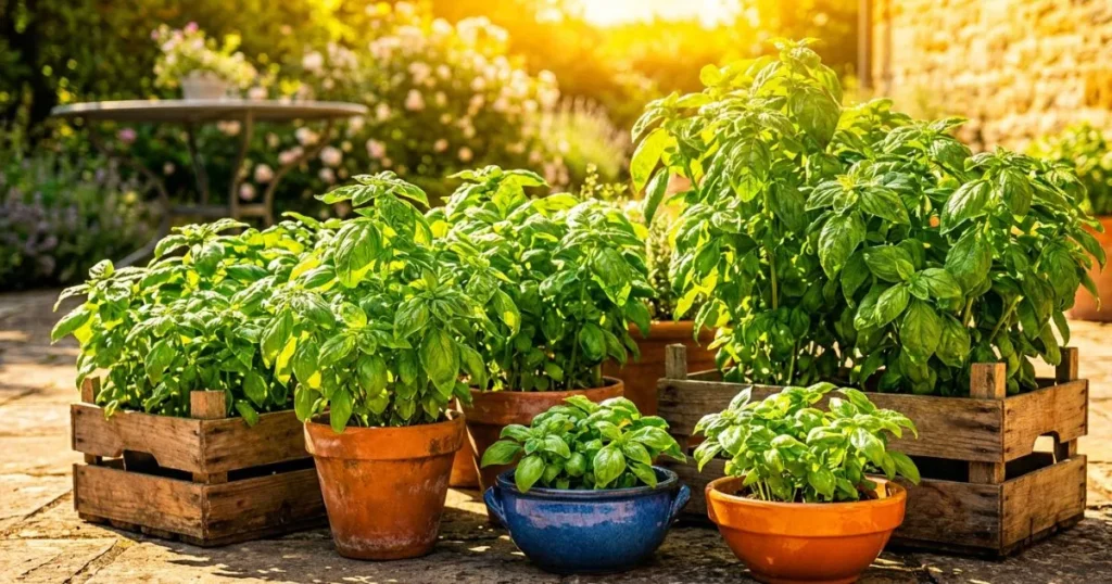 Basil plants growing in full sun, planted in terracotta pots, wooden crates, and colorful containers on a bright garden patio.