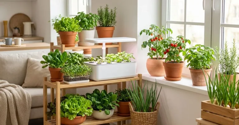 Growing vegetables indoors setup featuring pots of fresh herbs, lettuce, and tomatoes under grow lights.