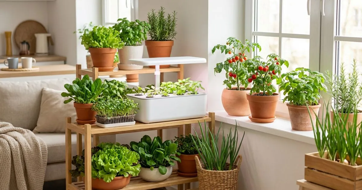 Growing vegetables indoors setup featuring pots of fresh herbs, lettuce, and tomatoes under grow lights.