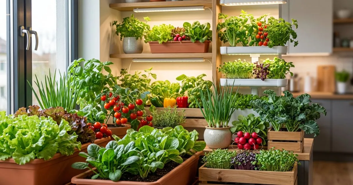 A lush collection of indoor grown vegetables including potted basil, lettuce, and dwarf tomatoes thriving under LED grow lights near a sunny window.