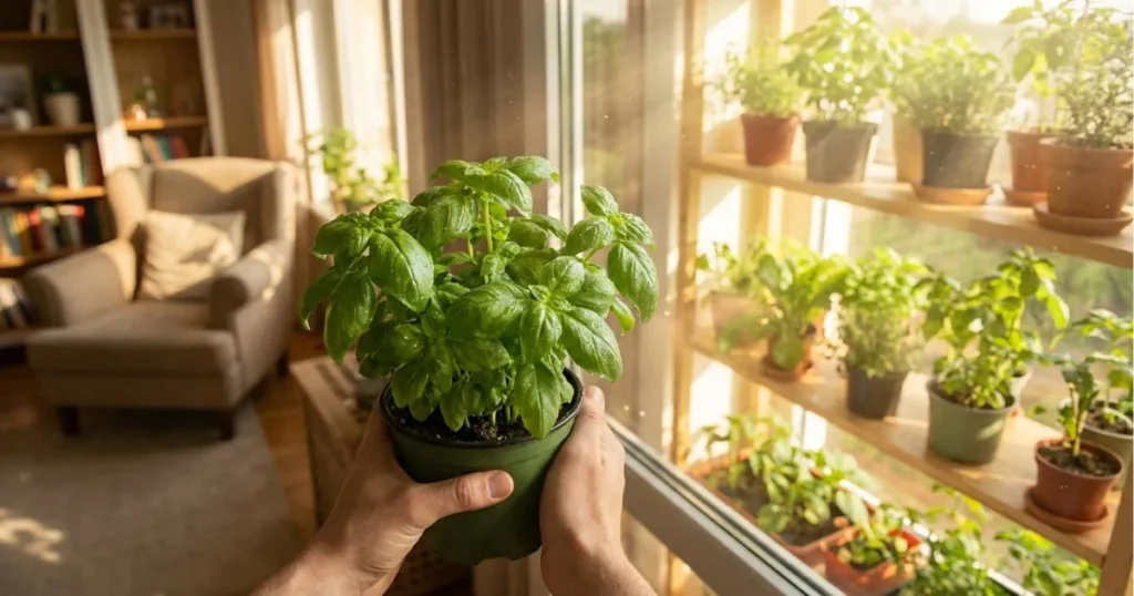 A sunny south-facing window with pots of indoor grown vegetables, illustrating the ideal natural light conditions for gardening.