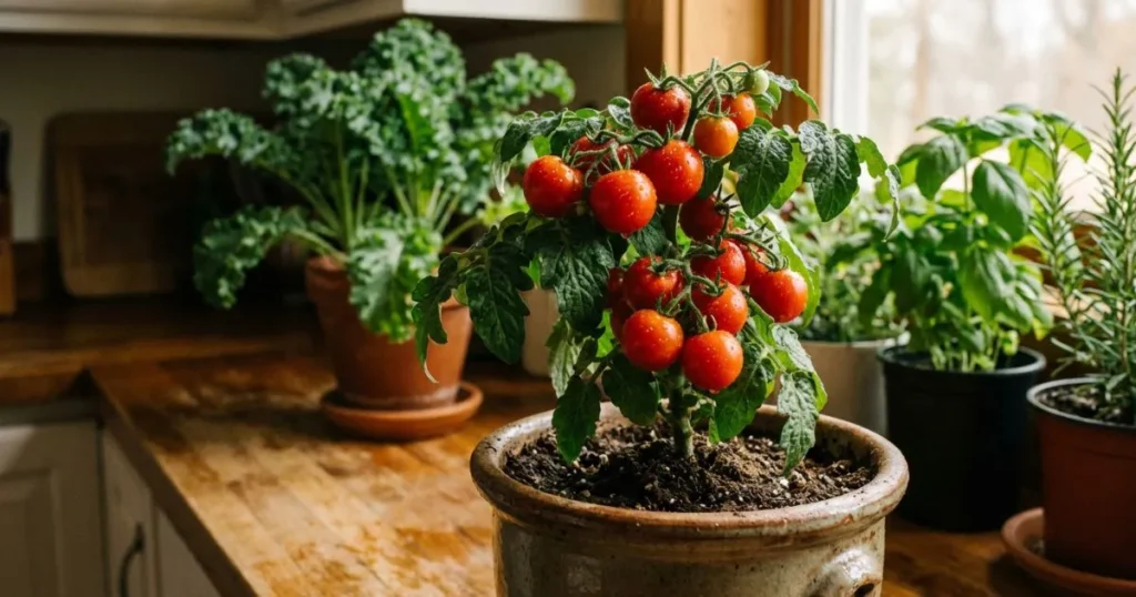 A variety of the best indoor grown vegetables, including loose-leaf lettuce, basil, and dwarf cherry tomatoes arranged on a shelf.