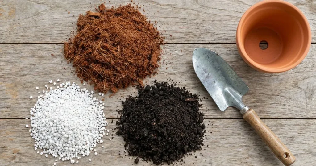 Ingredients for a DIY indoor potting mix, featuring coco coir, perlite, and compost ready to be mixed for vegetable containers.