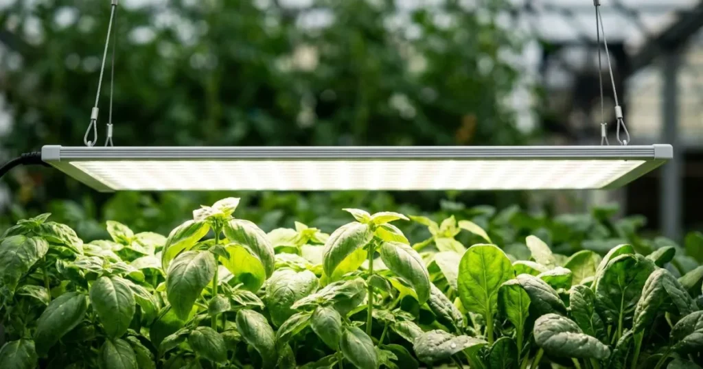 White full-spectrum LED grow lights suspended over a shelf of indoor grown vegetables to provide supplemental lighting.