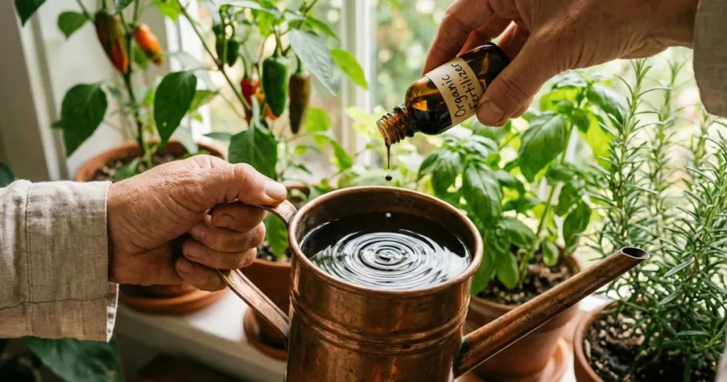 Demonstrating the bottom watering technique with a potted spinach plant sitting in a water tray to promote deep root growth.