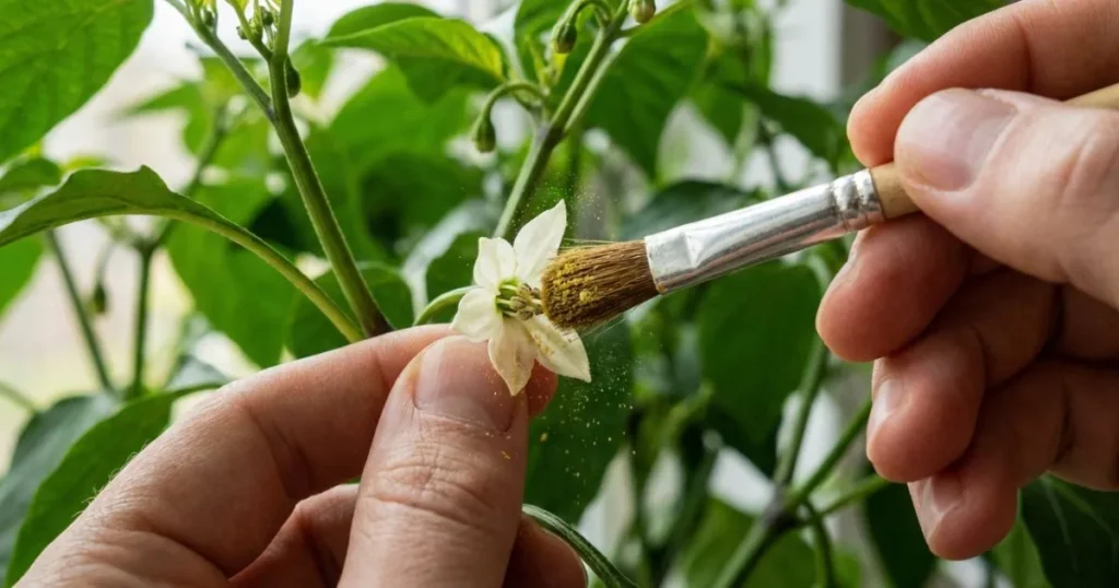 A close-up of hand-pollinating an indoor pepper flower using a small paintbrush to ensure fruit production.