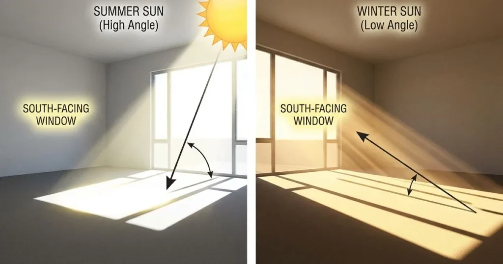 Diagram illustrating the low angle of winter sunlight entering a south-facing window compared to summer sun.