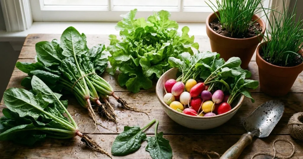 A collection of the best vegetables to grow indoors in winter, including spinach, lettuce, and radishes.