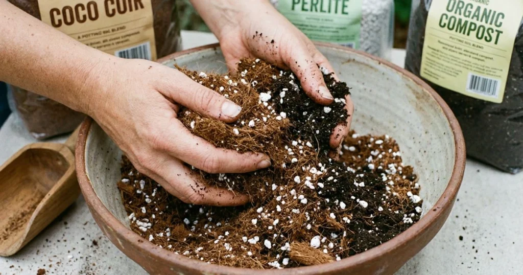 Mixing a sterile DIY potting soil recipe with coco coir and perlite for indoor winter gardening.