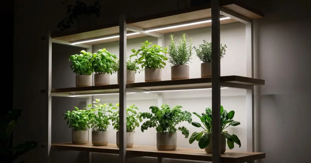 A modern shelving unit with full-spectrum LED grow lights illuminating indoor vegetable plants.