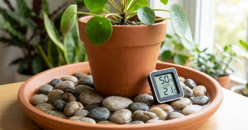 A pebble tray setup used to increase humidity for indoor vegetable plants during the dry winter months.